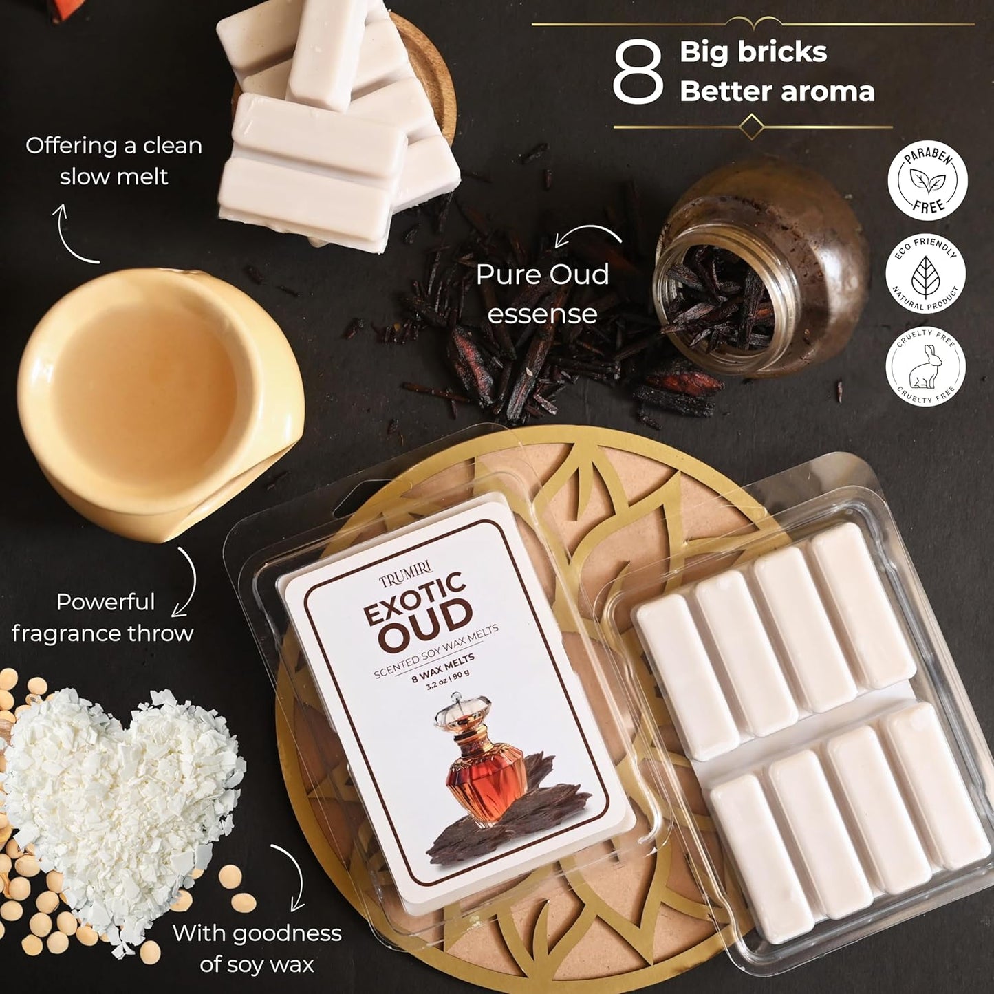 TRUMIRI Exotic Oud Scented Wax Melts - Made with Non Toxic Soy Wax and Essential Oils - Long Lasting Strong Scent for Men Candle Wax Cubes Tarts for Warmers