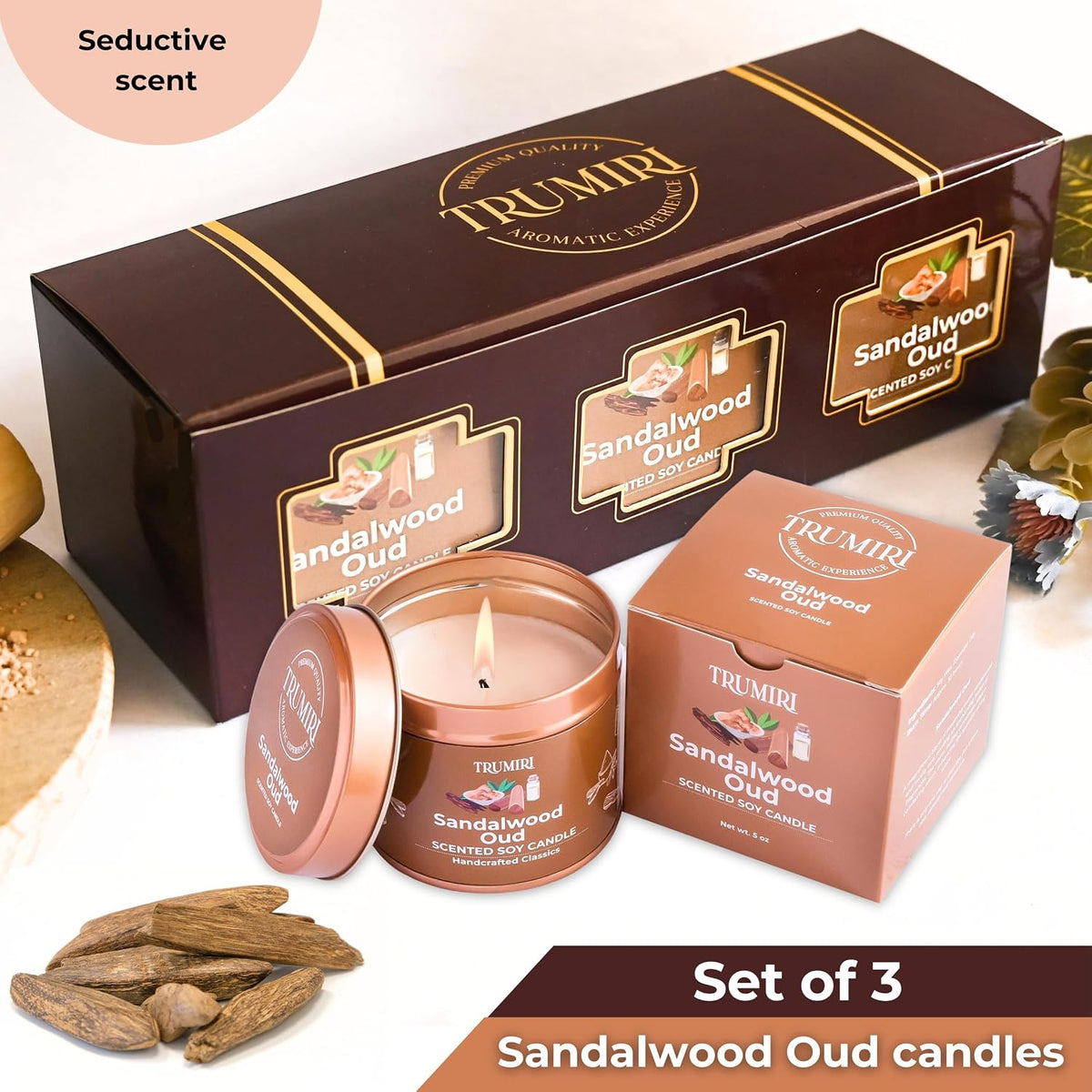 Sandalwood Oud - Scented Candles for Men - Pack of 3 x 5oz Natural Soy Clean Organic Non Toxic - Masculine Scent Gifts - Candel for Home Bedroom Bathroom Apartment Room Décor - New House Essentials