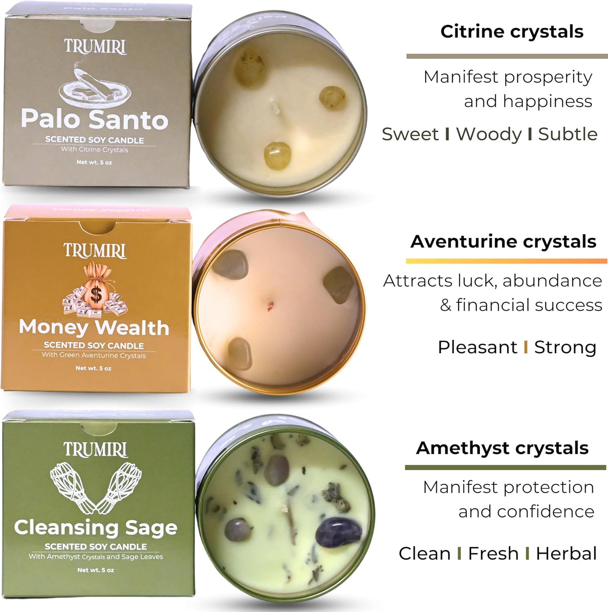Cleansing Sage, Palo Santo, Money Wealth - Soy Candles Non Toxic - Highly Scented Long Lasting with Essential Oils - Variety Pack of 3 x 5oz - for Home Aromatherapy Meditation Gift Travel