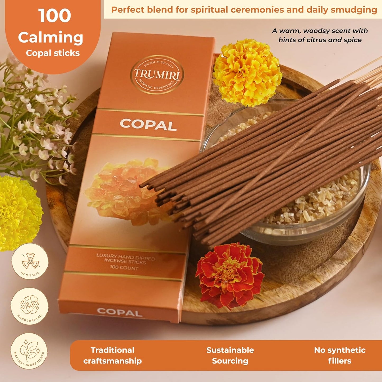 Copal Incense Sticks - Pack of 100 Insence-Sticks for Spiritual Purification - Made with Natural Non Toxic Incienso De Copal - Scented Insense Agarbatti Incents