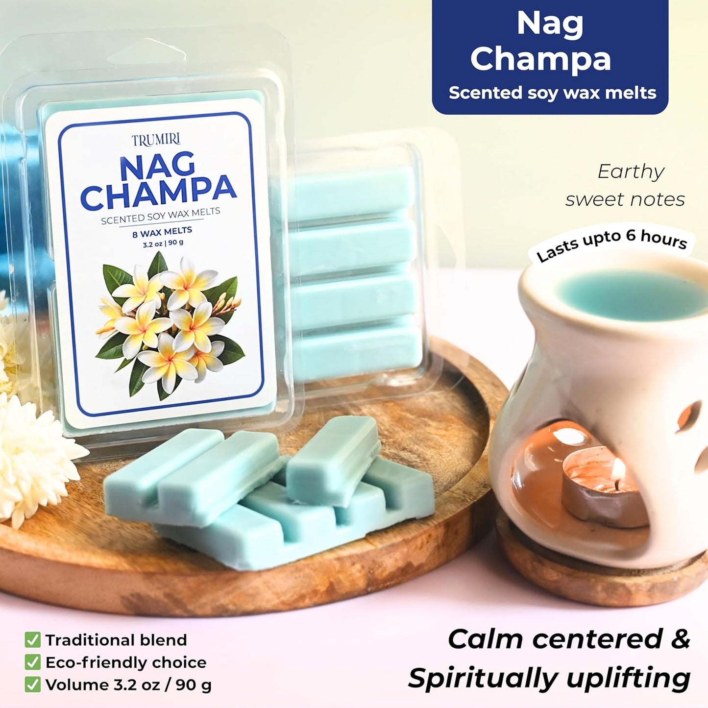 TRUMIRI Nag Champa Scented Wax Melts - Made with Non Toxic Soy Wax and Essential Oils - Long Lasting Strong Scent Pet Safe Candle Wax Cubes Tarts for Warmers Pack of 4