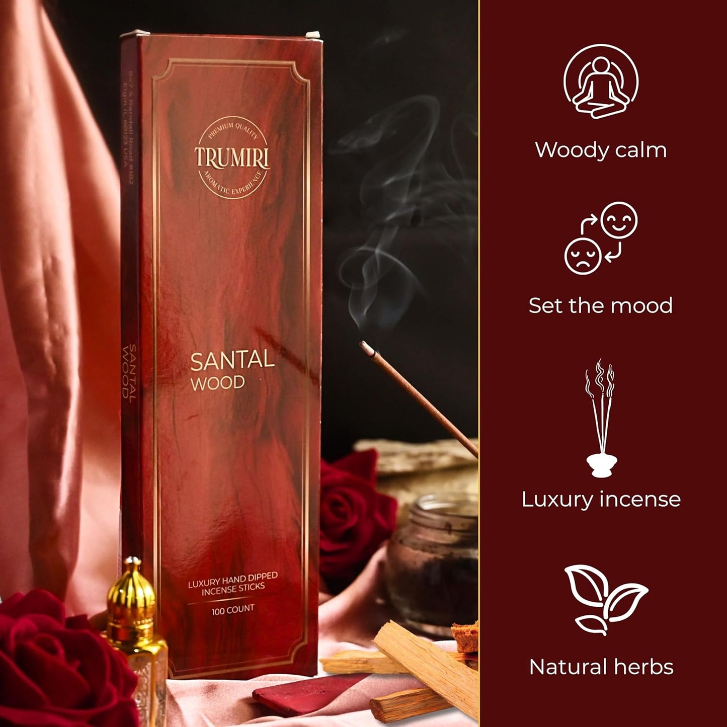 Santal Incense Sticks - Pack of 100 Insence-Sticks - Incienso De Sandalo - Made with Natural Sandalwood - Scented Inscents Non Toxic Insense Incents