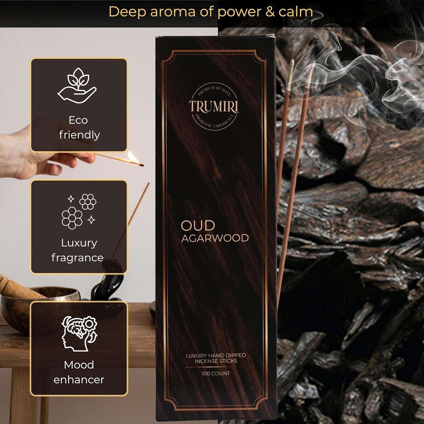 Oud Agarwood Incense Sticks - Pack of 100 Insence-Sticks - Inciensos Aromaticos Made with Natural Agarwood Essential Oil - Scented Inscents Non Toxic Agarbatti Insense
