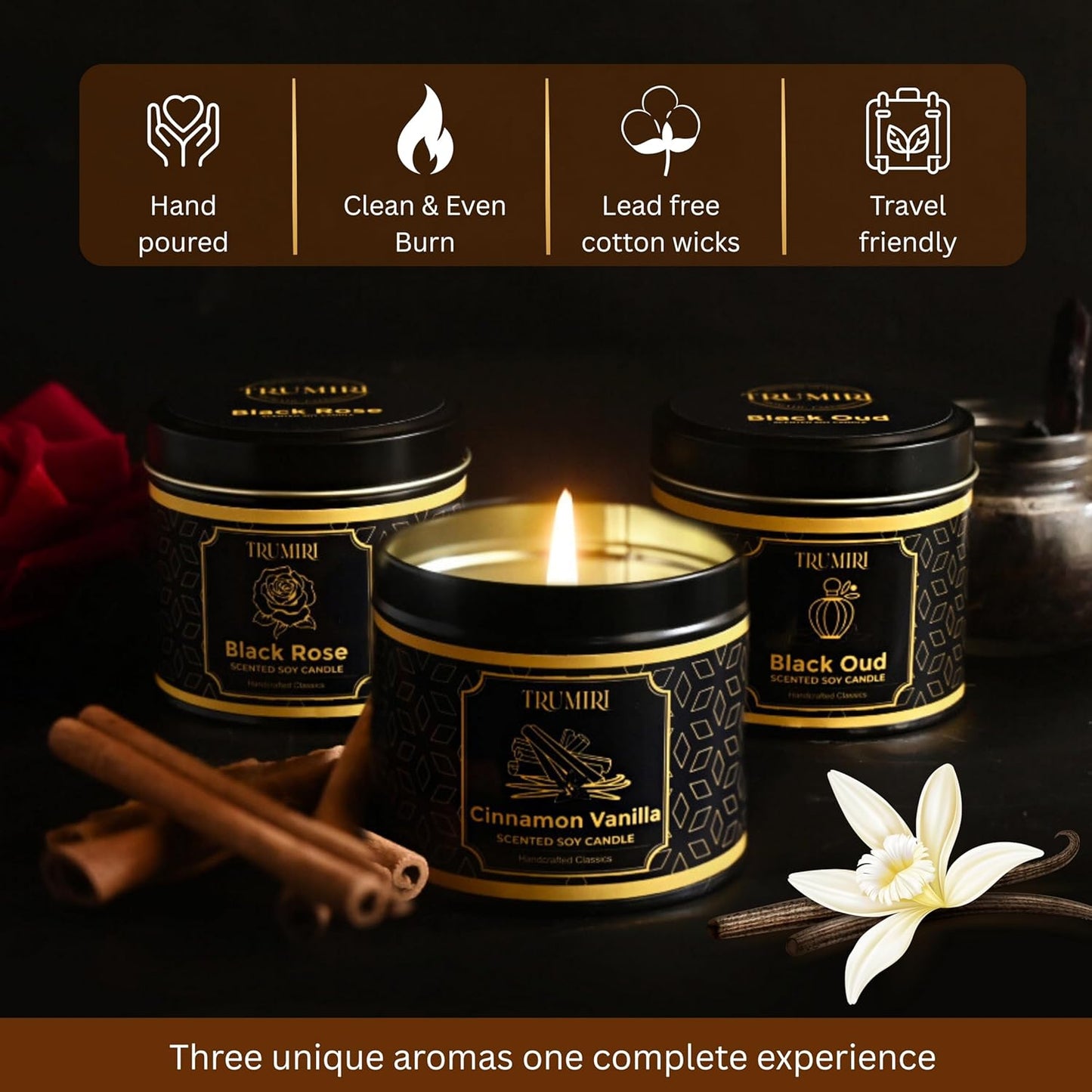 Candle Gift Set of 3 Black Oud|Cinnamon Vanilla|Black Rose Strong Scented Soy Candels Clean Non Toxic Velas Aromáticas Favors for Women Coworkers Friends Guests Also for Diwali Christmas Holidays