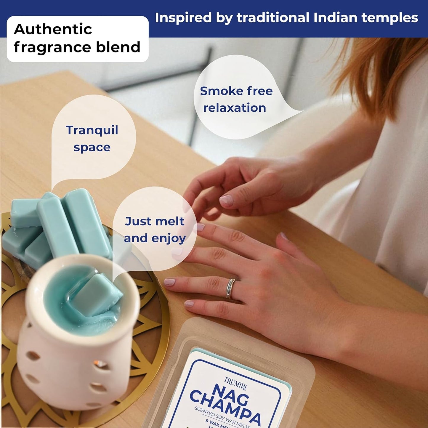 TRUMIRI Nag Champa Scented Wax Melts - Made with Non Toxic Soy Wax and Essential Oils - Long Lasting Strong Scent Pet Safe Aromatherapy Candle Wax Cubes Tarts for Warmers
