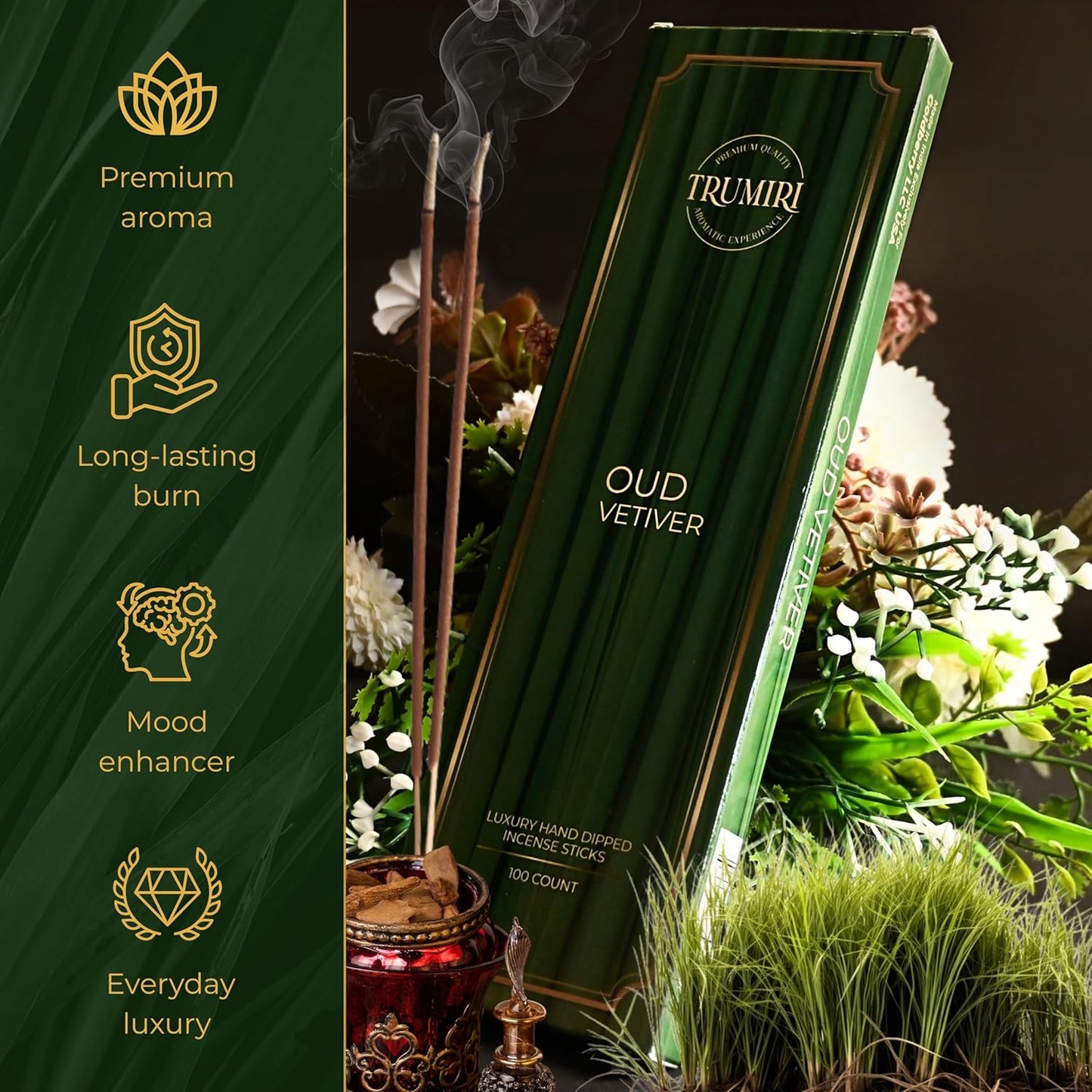 Oud Vetiver Incense Sticks - Pack of 100 Inscents-Sticks - Inciensos Aromaticos - Made with Natural Ingredients - Scented Insence Non Toxic Insense Incents