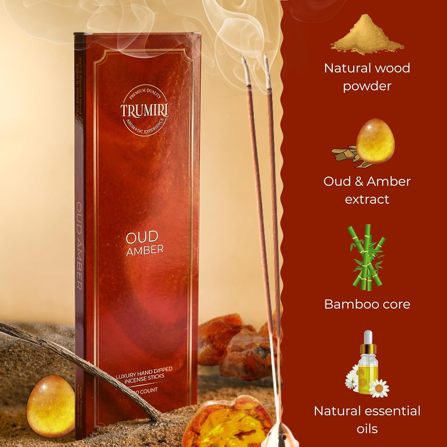 Oud Amber Incense Sticks - Pack of 100 Insence-Sticks - Inciensos Aromaticos Made with Natural Oud and Amber Oil - Scented Inscents Non Toxic Insense Incents