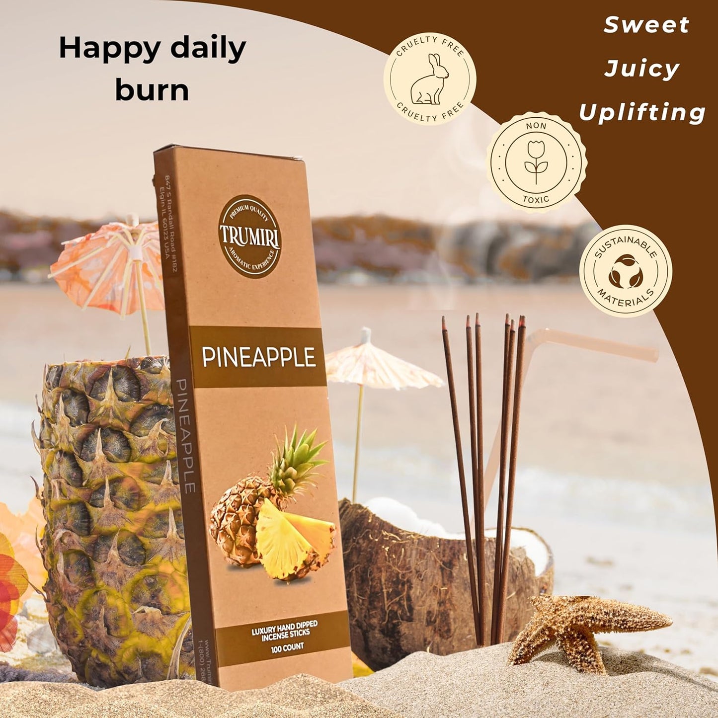 Pineapple Incense Sticks - Pack of 100 Insence-Sticks - Inciensos Aromaticos para La Casa - Natural Non Toxic Inscents - Scented Insense Incents Incence
