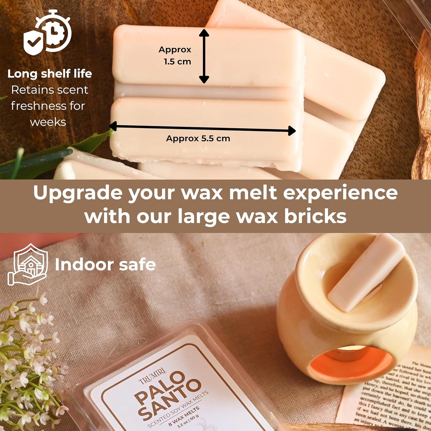 Palo Santo Scented Wax Melts - Made With Non Toxic Soy Wax And Essential Oils - Long Lasting Strong Scent Pet Safe Candle Wax Cubes Tarts For Warmers - For Cleansing Negative Energy And Protection