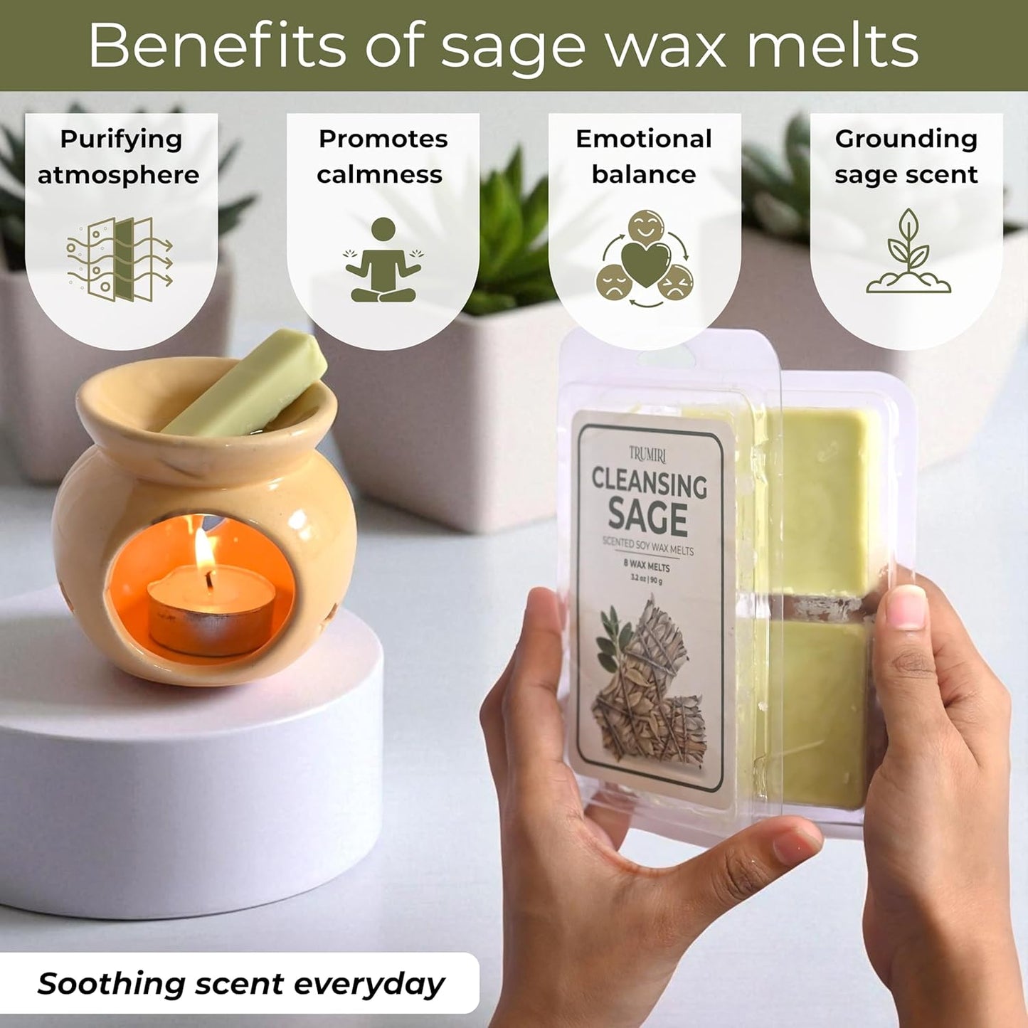 Cleansing Sage Scented Wax Melts - Made With Non Toxic Soy Wax And Essential Oils - Long Lasting Strong Scent Pet Safe Candle Wax Cubes Tarts For Warmers - For Cleansing Negative Energy And Protection