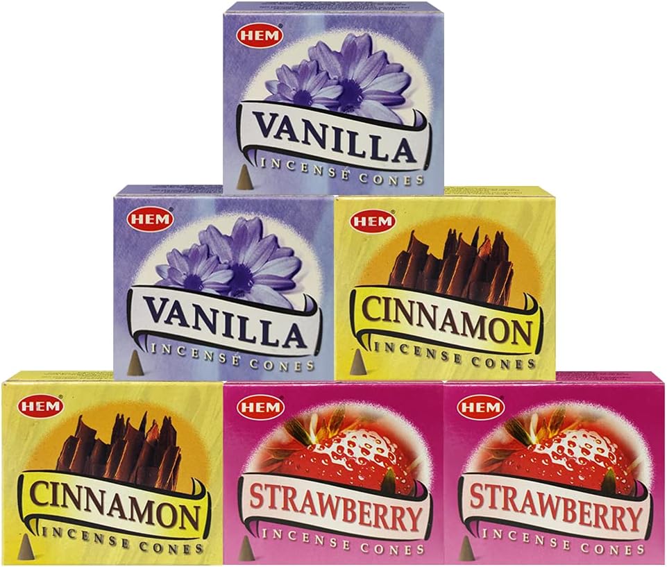 Hem Vanilla Cinnamon and Strawberry Incense Cones Variety Pack - 10 cones/scent - Total Approx 60 Cones