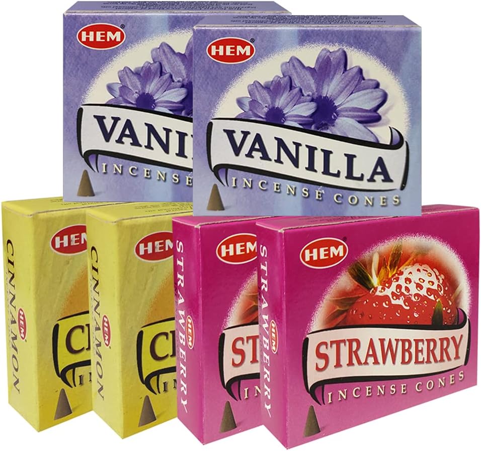 Hem Vanilla Cinnamon and Strawberry Incense Cones Variety Pack - 10 cones/scent - Total Approx 60 Cones