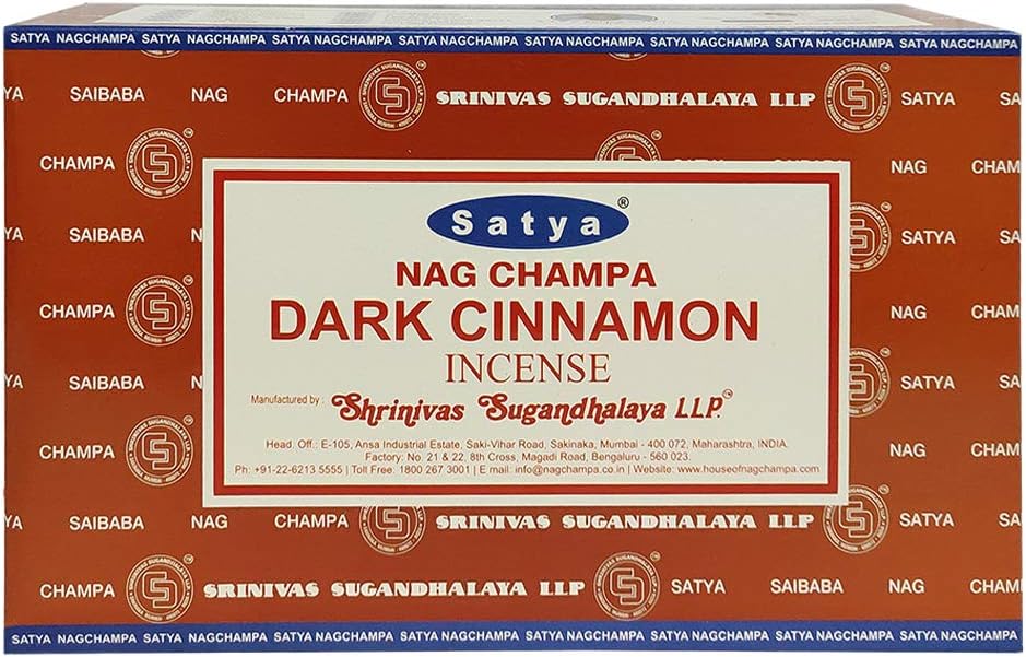 Satya Dark Cinnamon Incense Sticks - 12 Packs of 15g - Total Approx 180 sticks