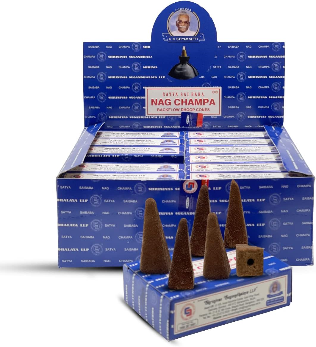 Satya Nag Champa Backflow Incense Cones - 12 Packs of 10 Nagchampa Cones - Total Approx 120 Incense Waterfall Cones