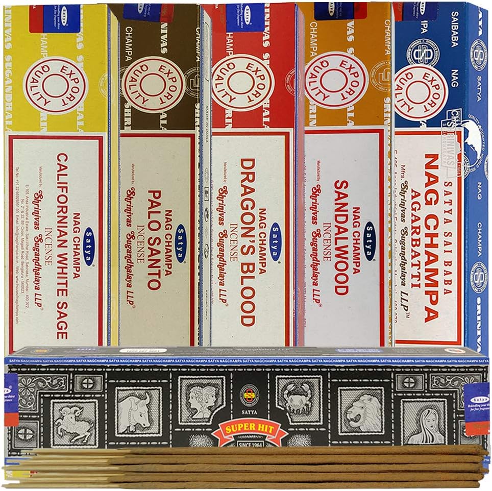 Satya 6 Popular Scents Incense Sticks Variety Pack - 15 Sticks per scent - Total Approx 90 sticks