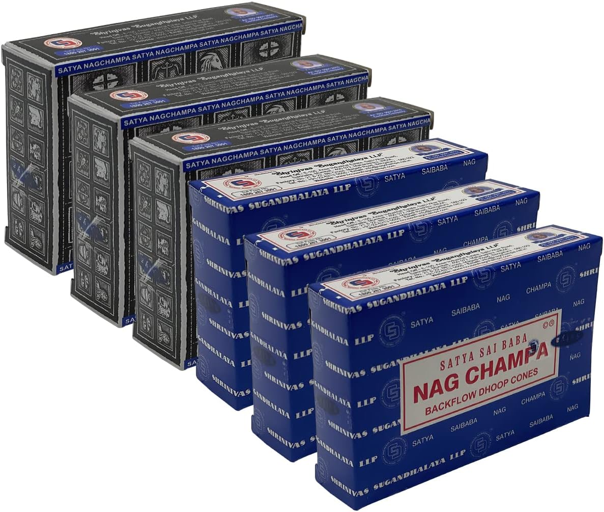 Satya Nag Champa and Super Hit Backflow Incense Cones Combo - 3+3 Packs of 10 Cones Each - Total Approx 60 Incense Waterfall Cones