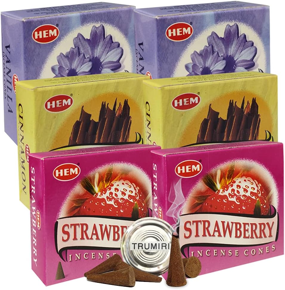 Hem Vanilla Cinnamon and Strawberry Incense Cones Variety Pack - 10 cones/scent - Total Approx 60 Cones