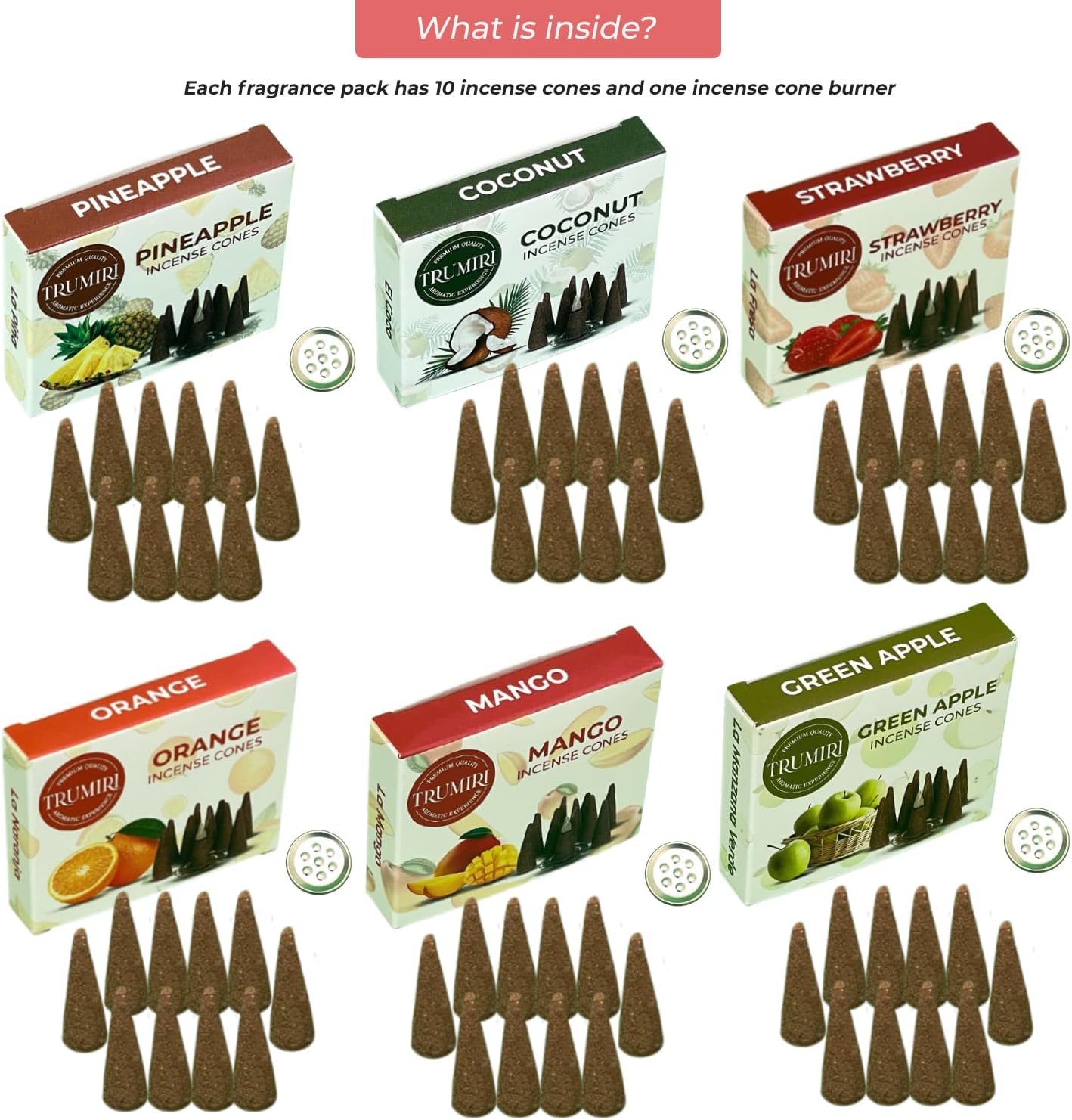 Fruity Scents Incense Cones Variety Pack of 6 Scents with 10 Cones per Scent - Total 60 Cones