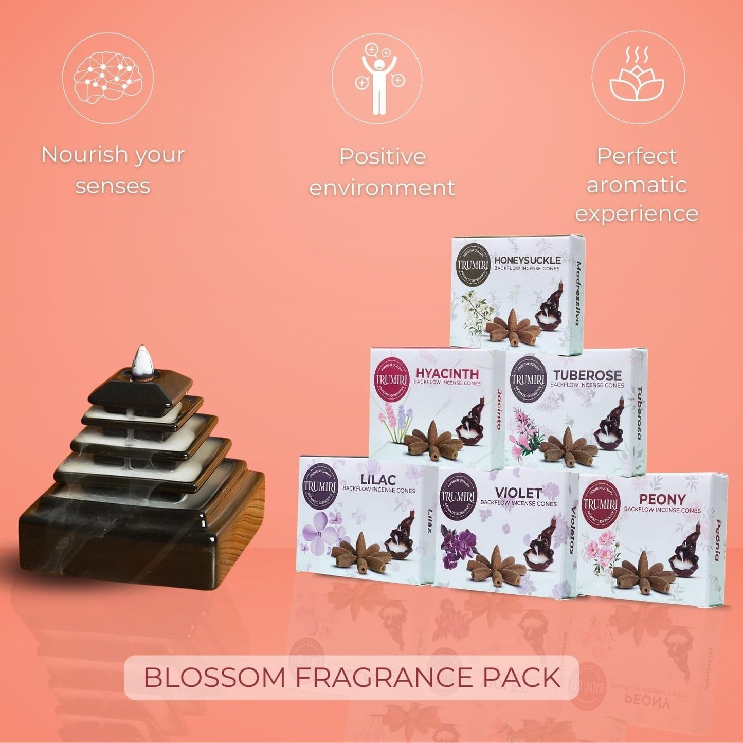 Trumiri Blossom Scents Backflow Incense Cones Variety Pack of 6 Scents with 10 Backflow Cones per Scent - Total 60 Cones