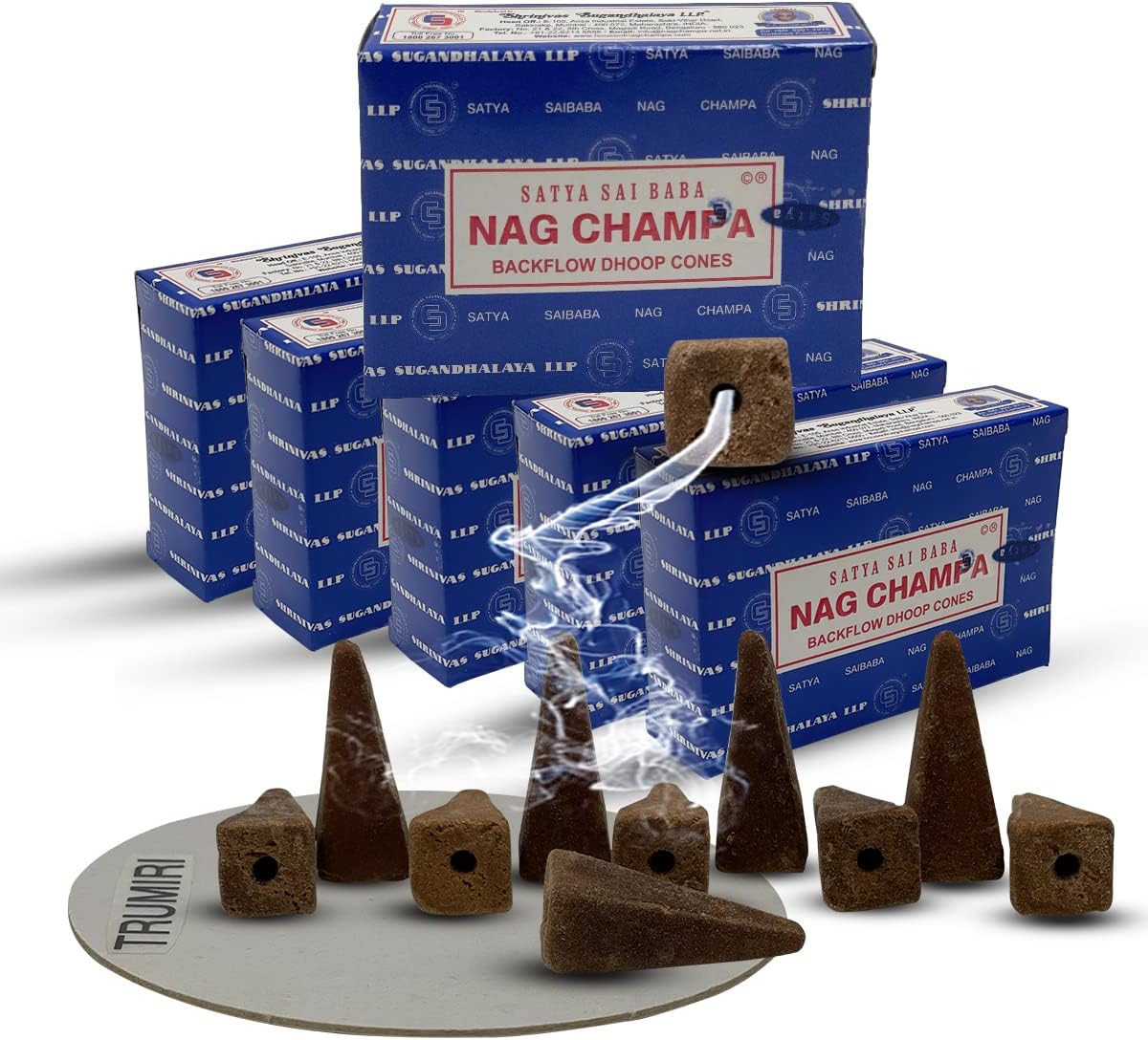 Satya Nag Champa Backflow Incense Cones - 6 Packs of 10 Nagchampa cones - Total Approx 60 Incense Waterfall Cones