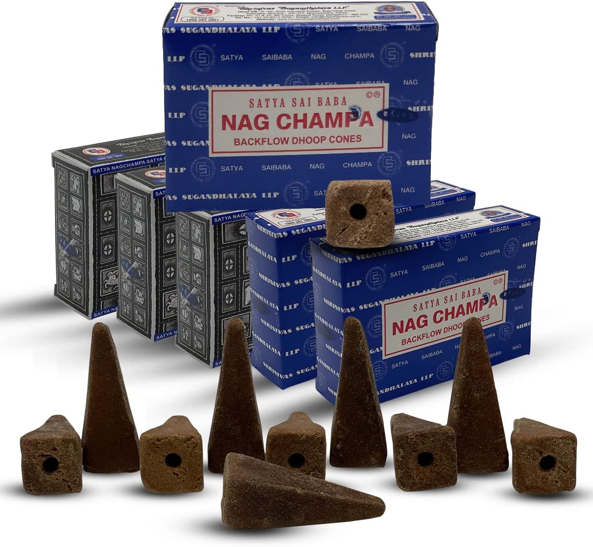Satya Nag Champa and Super Hit Backflow Incense Cones Combo - 3+3 Packs of 10 Cones Each - Total Approx 60 Incense Waterfall Cones