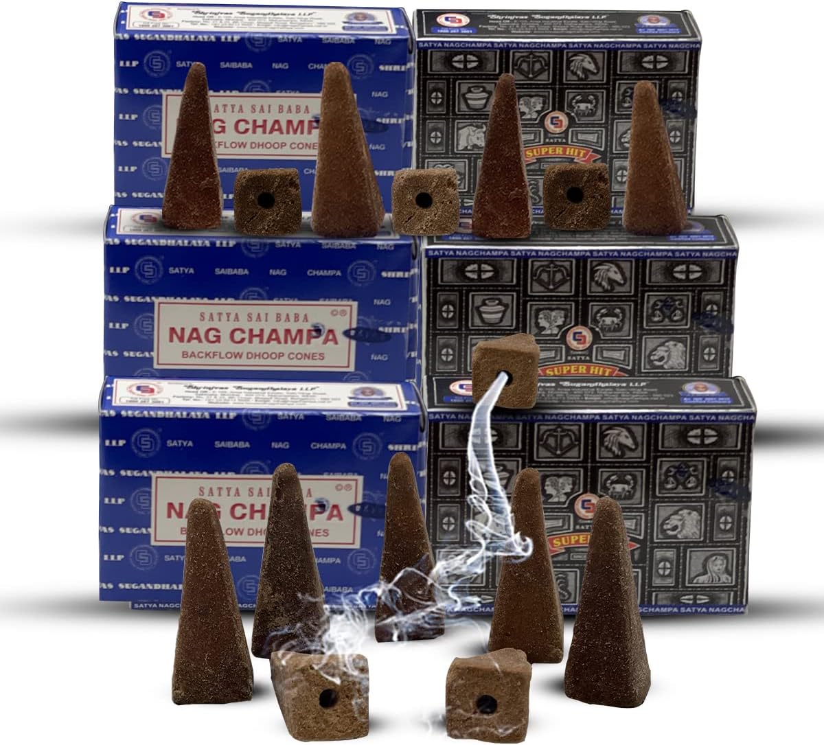 Satya Nag Champa and Super Hit Backflow Incense Cones Combo - 3+3 Packs of 10 Cones Each - Total Approx 60 Incense Waterfall Cones