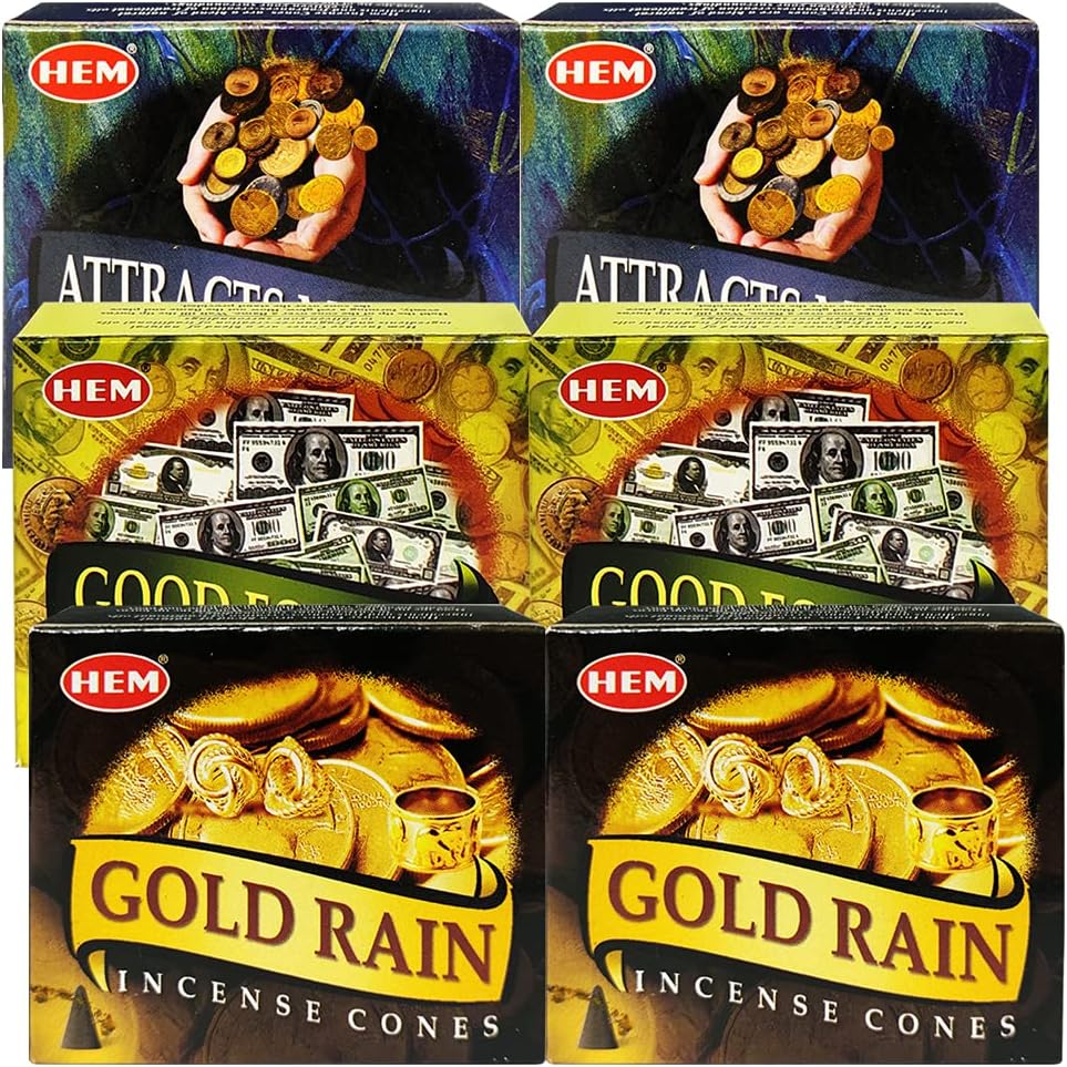 Hem 6 Money and Luck Themed Incense Cones Variety Pack - 10 cones/scent - Total Approx 60 Cones