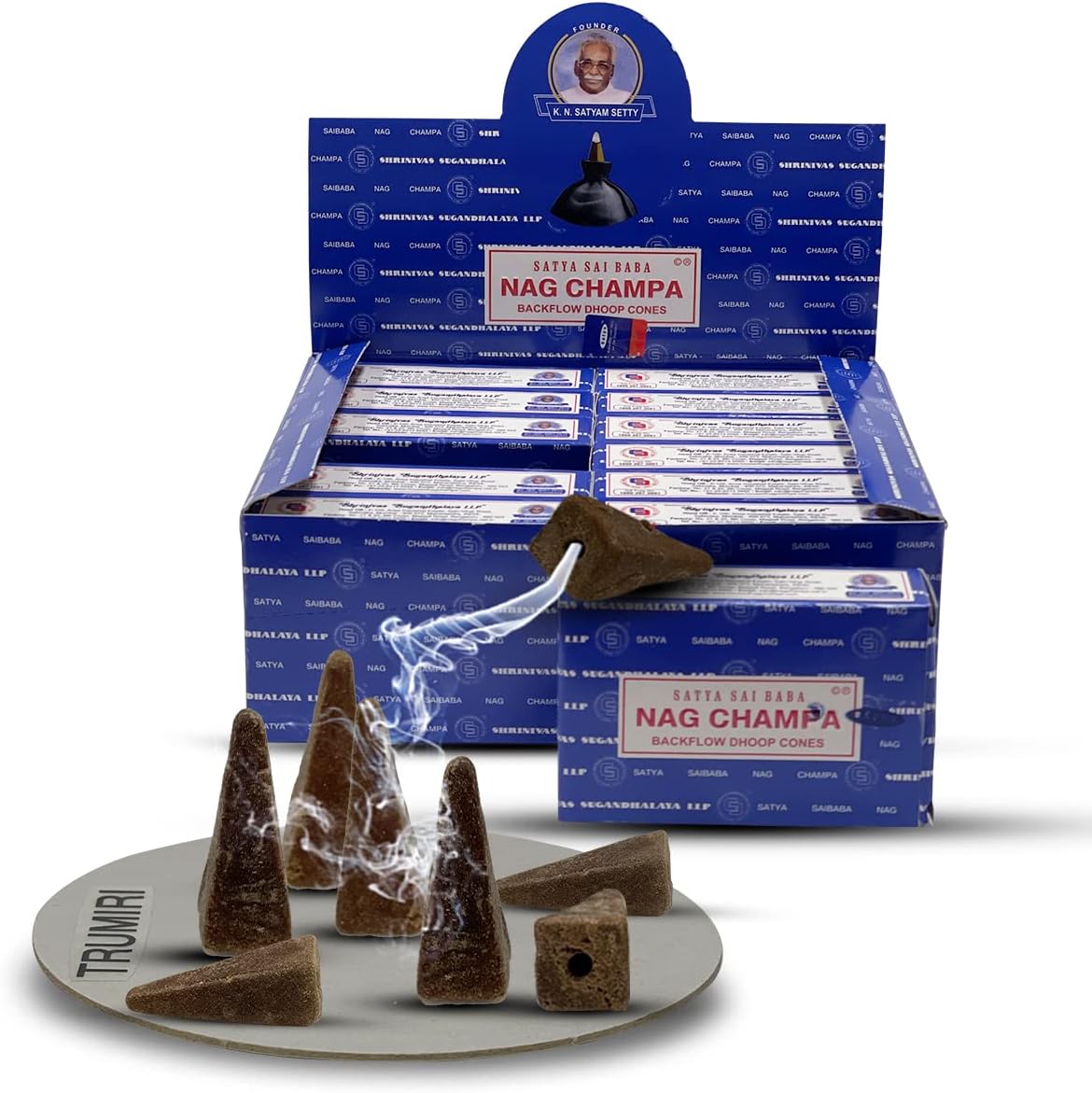 Satya Nag Champa Backflow Incense Cones - 12 Packs of 10 Nagchampa Cones - Total Approx 120 Incense Waterfall Cones