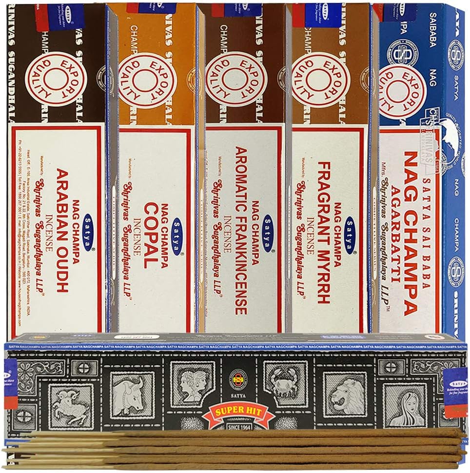 Satya 6 Natural Resin Scents Incense Sticks Variety Pack - 15 Sticks per scent - Total Approx 90 sticks