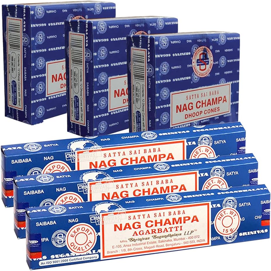 Satya Nag Champa Incense Sticks and Cones Combo Pack - Total Approx 45 Nagchampa Sticks and 36 Dhoop Incense cones
