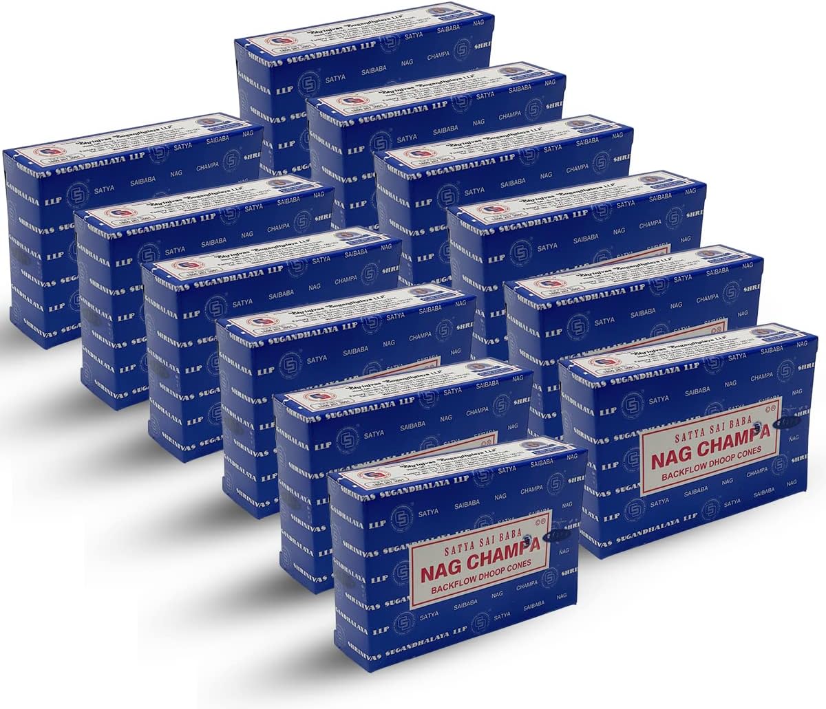 Satya Nag Champa Backflow Incense Cones - 12 Packs of 10 Nagchampa Cones - Total Approx 120 Incense Waterfall Cones