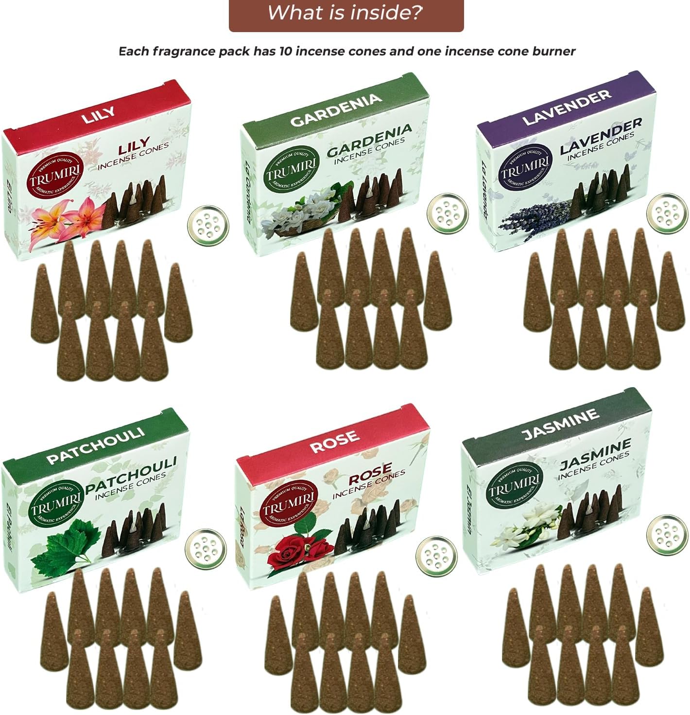 Floral Scents Incense Cones Variety Pack of 6 Scents with 10 Cones per Scent - Total 60 Cones