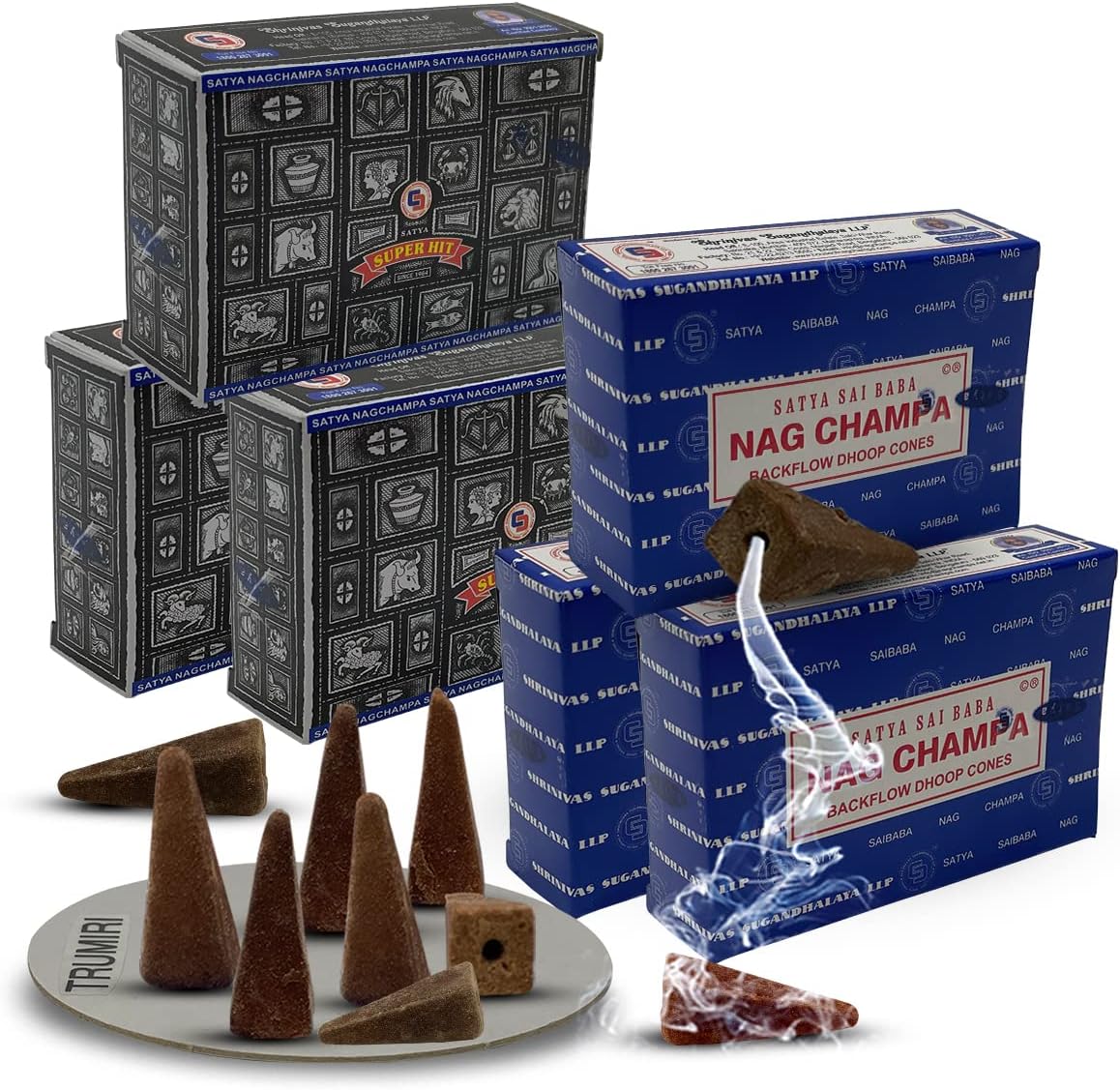 Satya Nag Champa and Super Hit Backflow Incense Cones Combo - 3+3 Packs of 10 Cones Each - Total Approx 60 Incense Waterfall Cones