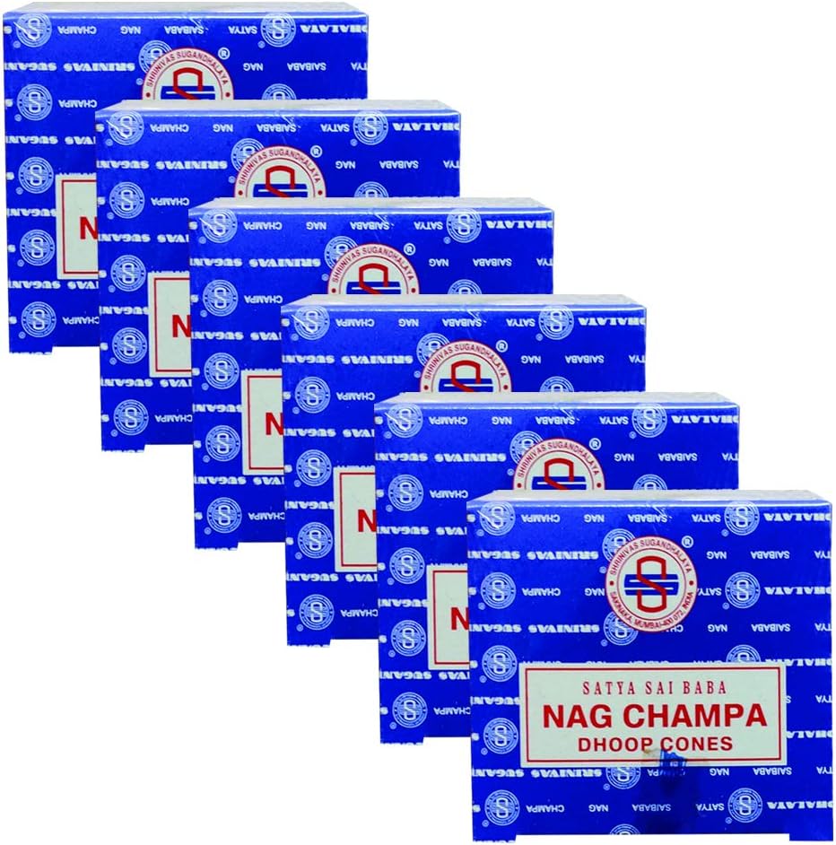 Satya Nag Champa Incense Cones - 6 Packs of 12 Nagchampa Dhoop Cones - Total Approx 72 Cones