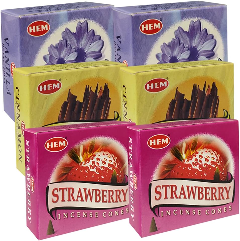 Hem Vanilla Cinnamon and Strawberry Incense Cones Variety Pack - 10 cones/scent - Total Approx 60 Cones