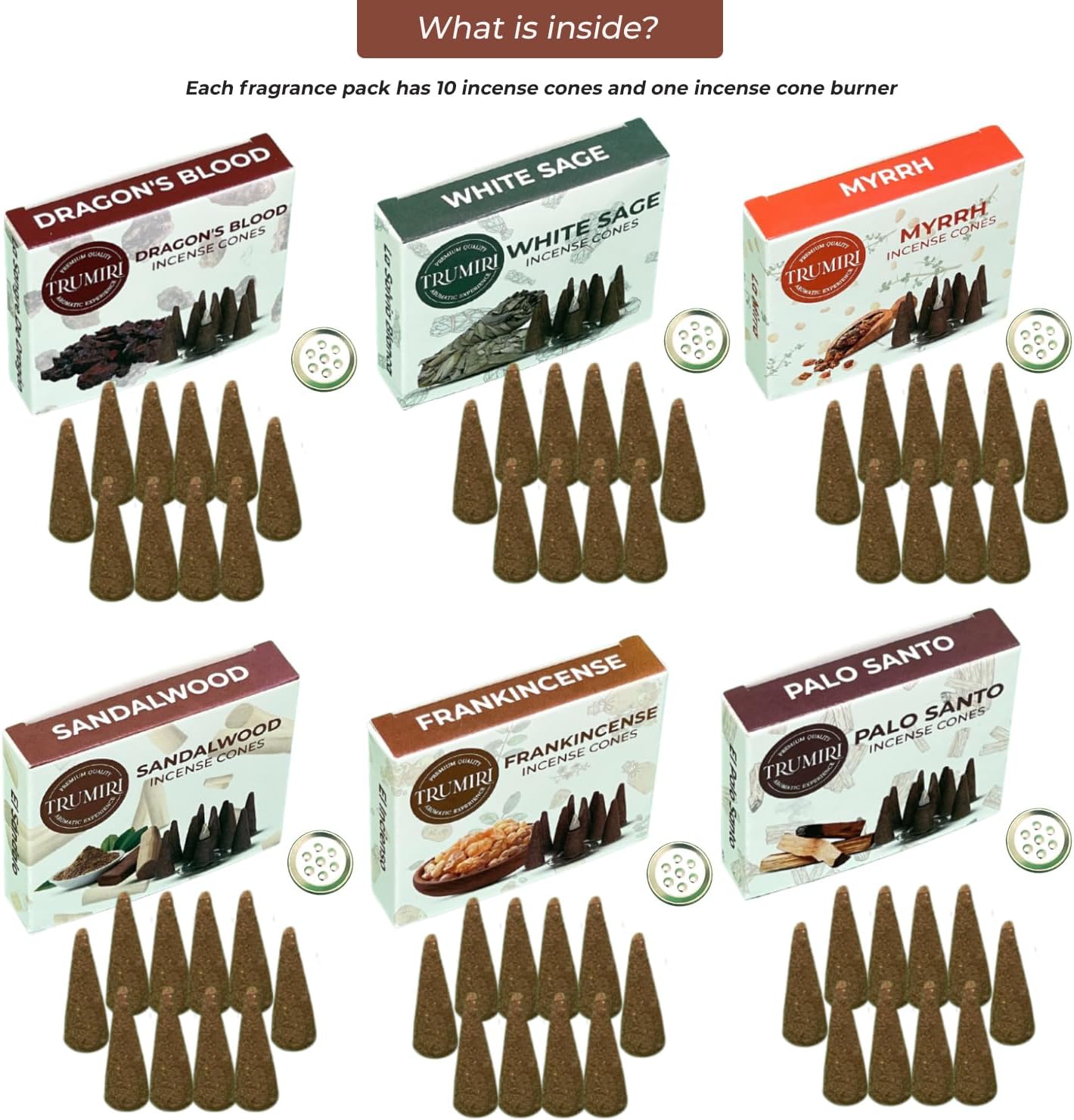 Trumiri Woody Scents Incense Cones Variety Pack of 6 Scents with 10 Cones per Scent - Total 60 Cones