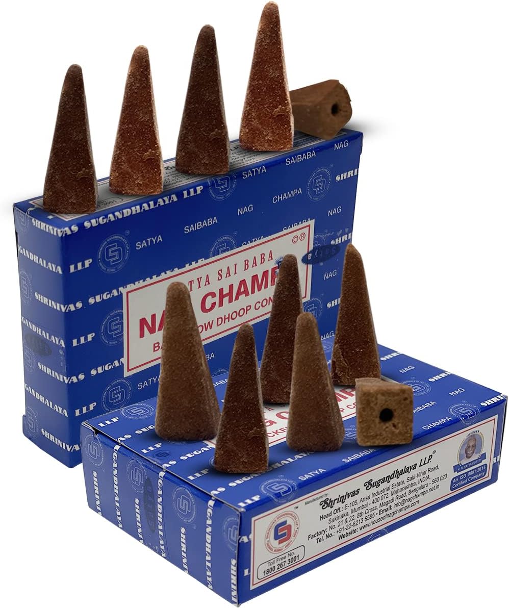 Satya Nag Champa Backflow Incense Cones - 12 Packs of 10 Nagchampa Cones - Total Approx 120 Incense Waterfall Cones