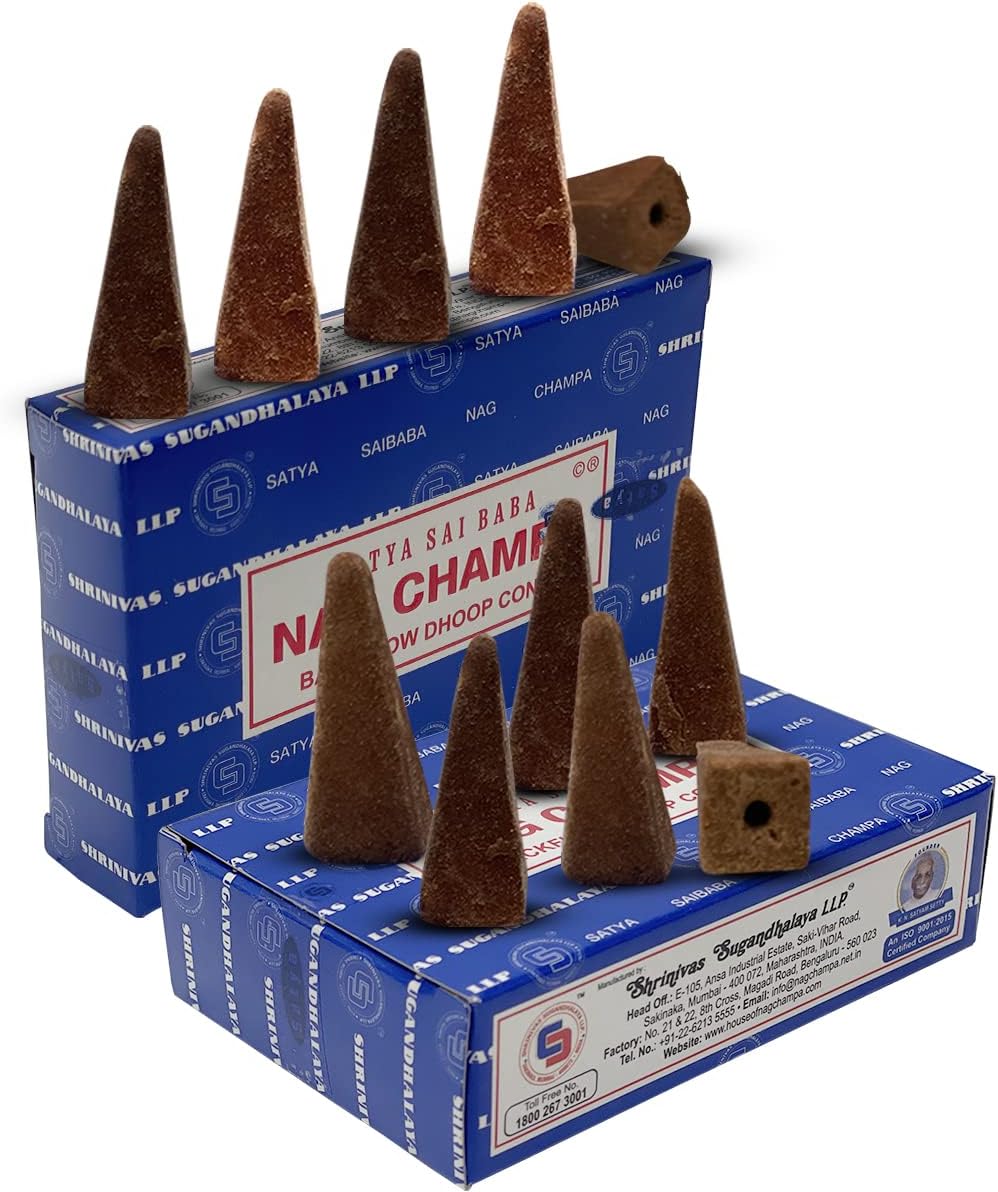 Satya Sai Baba Nag Champa Backflow Incense Cones - 12 Packs of 10 cones - Total Approx 120 cones