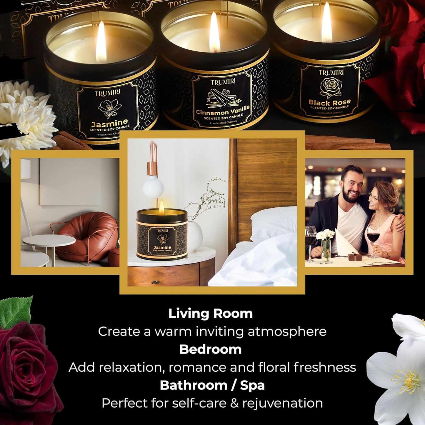 Candle Gift Set of 3 Cinnamon Vanilla|Jasmine|Black Rose Strong Scented Soy Candels Natural Non Toxic Velas Aromáticas Favors for Women Coworkers Friends Guests Also for Diwali Christmas Holidays