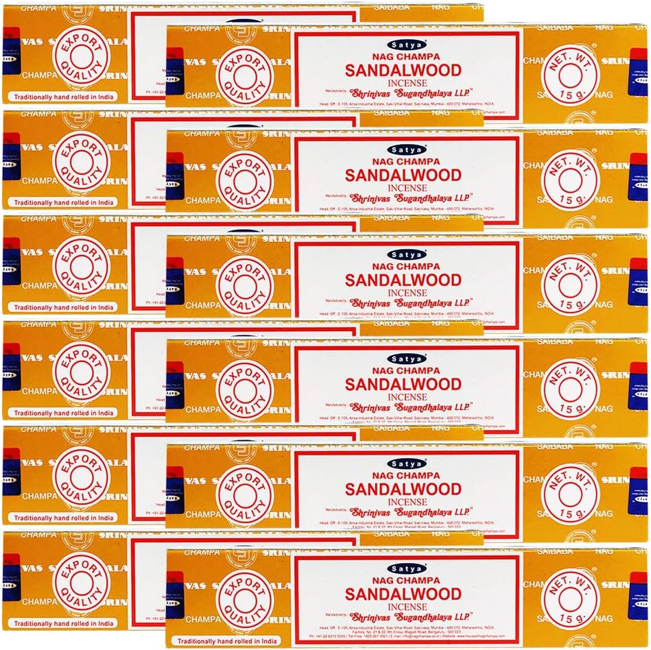Satya Sandalwood Incense Sticks - 12 Packs of 15g Agarbatti - Total Approx 180 Spiritual Sticks