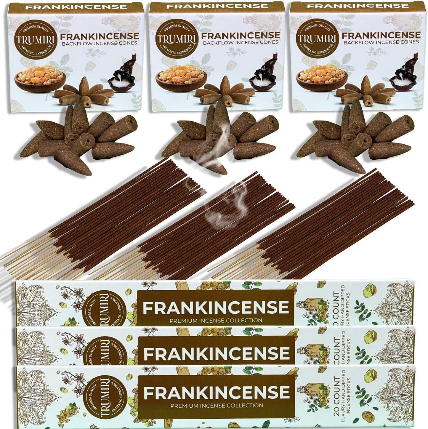Trumiri Incense Sticks and Backflow Cones Combo Pack - Total 60 Sticks and 30 Backflow Cones