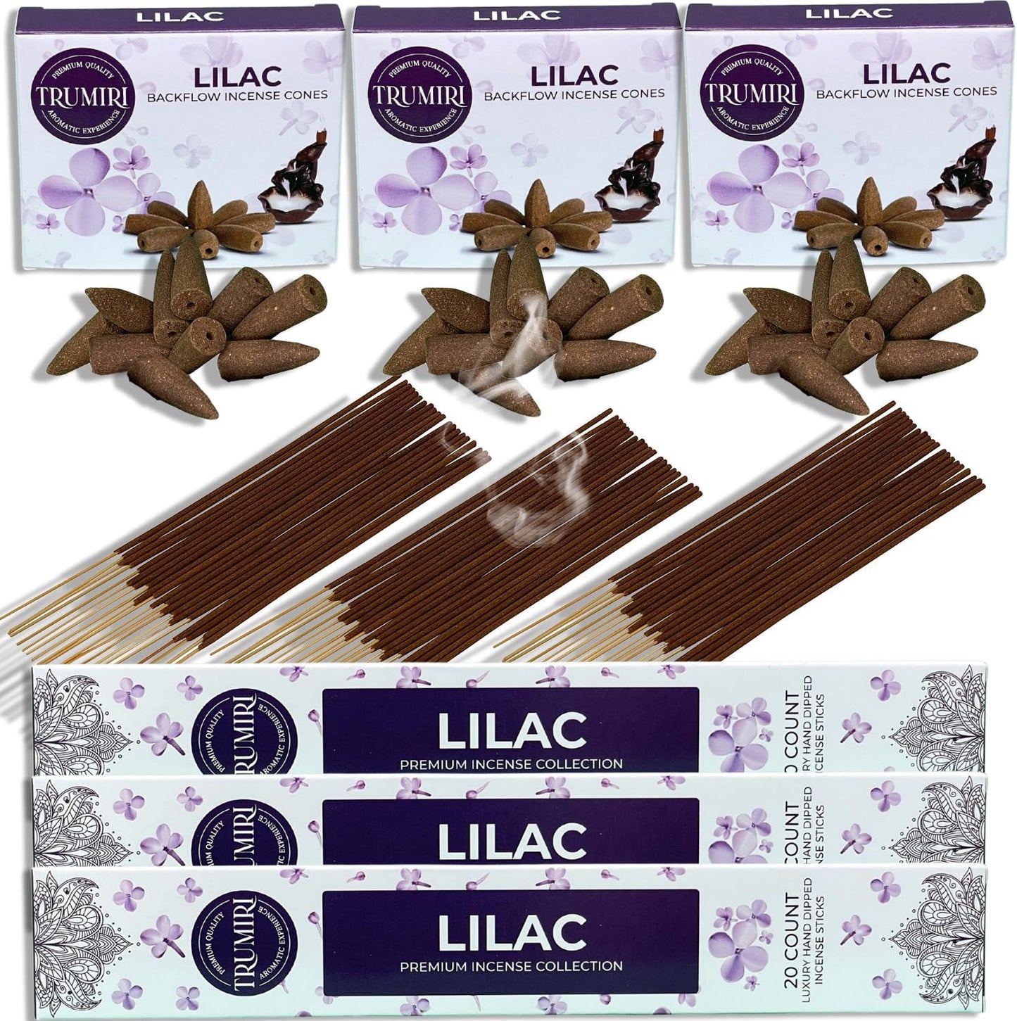 Trumiri Incense Sticks and Backflow Cones Combo Pack - Total 60 Sticks and 30 Backflow Cones