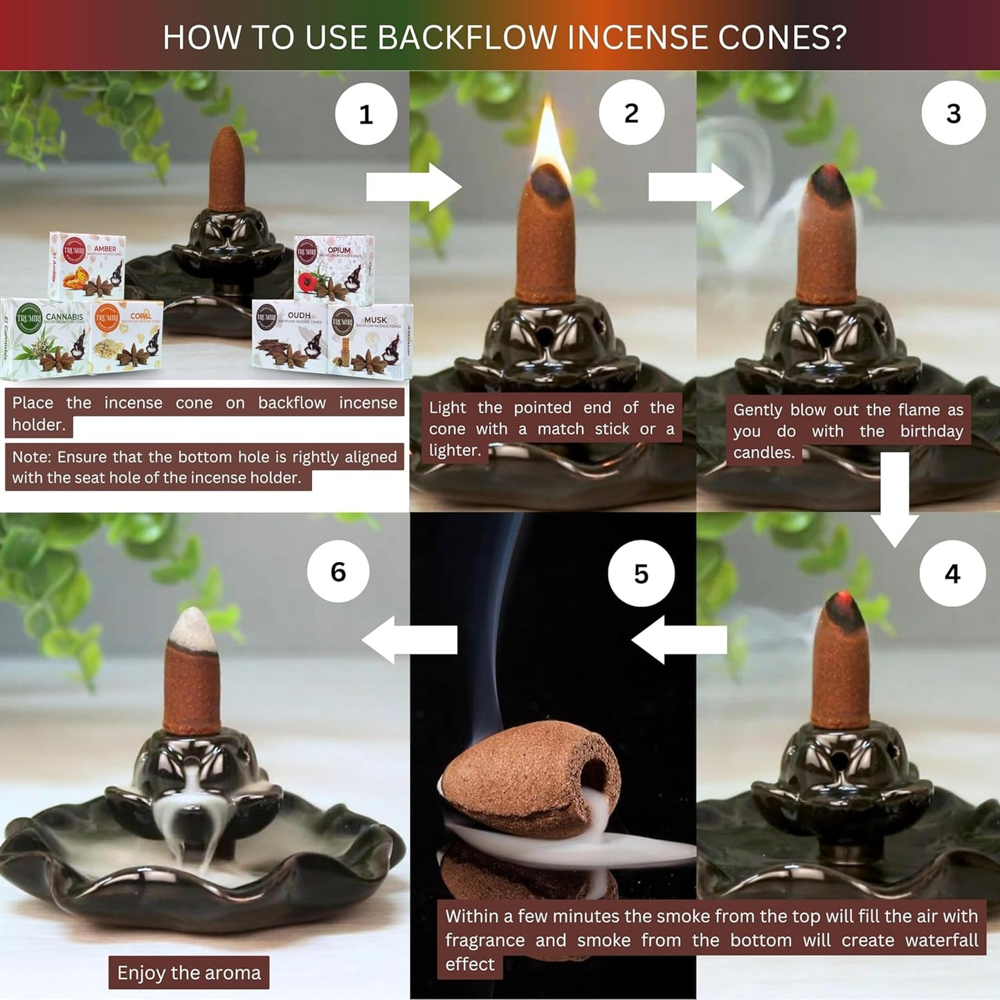 Exotic Scents Backflow Incense Cones Variety Pack of 6 Scents with 10 Waterfall Cones per Scent - Total 60 Cones