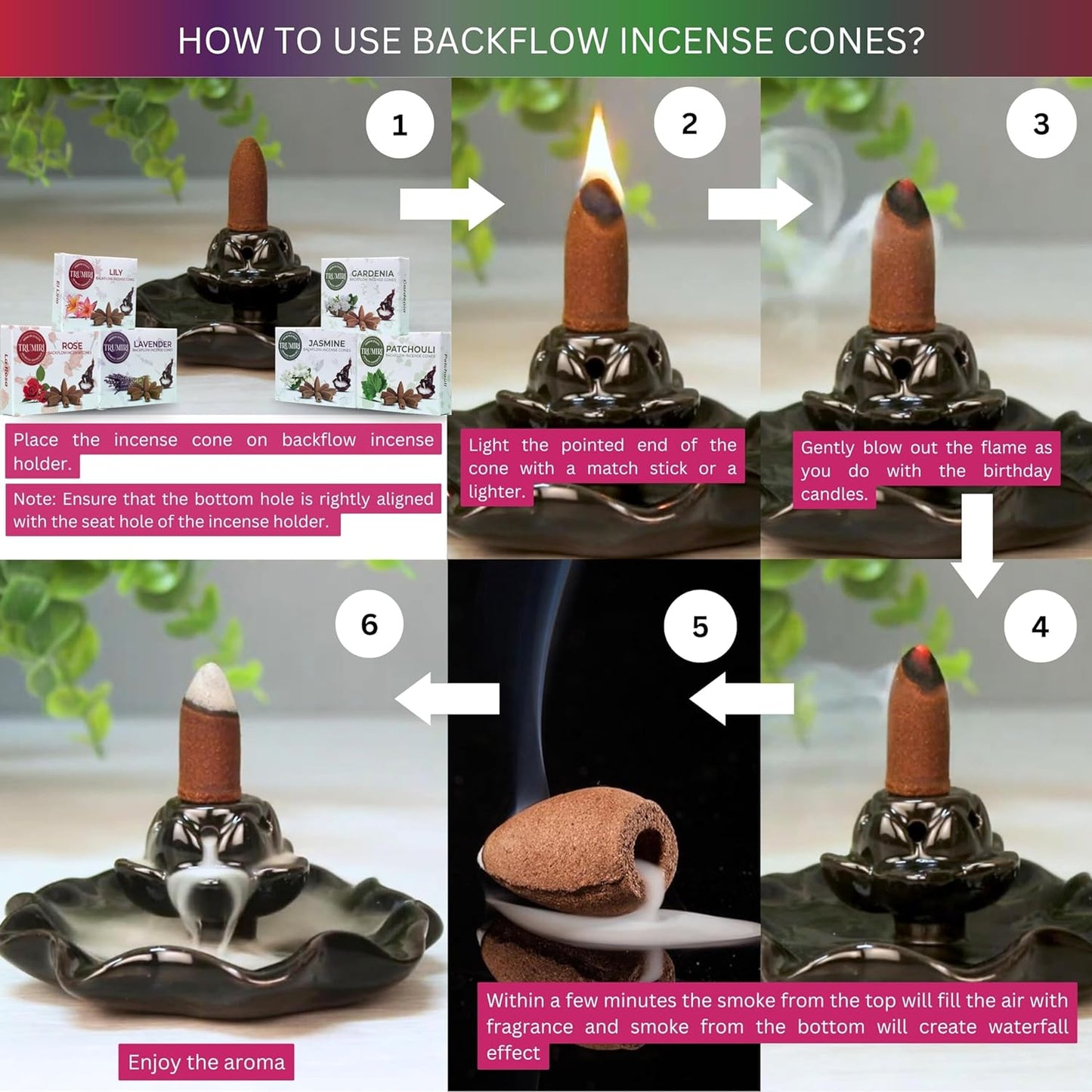 Trumiri Floral Scents Backflow Incense Cones Variety Pack of 6 Scents with 10 Backflow Cones per Scent - Total 60 Cones