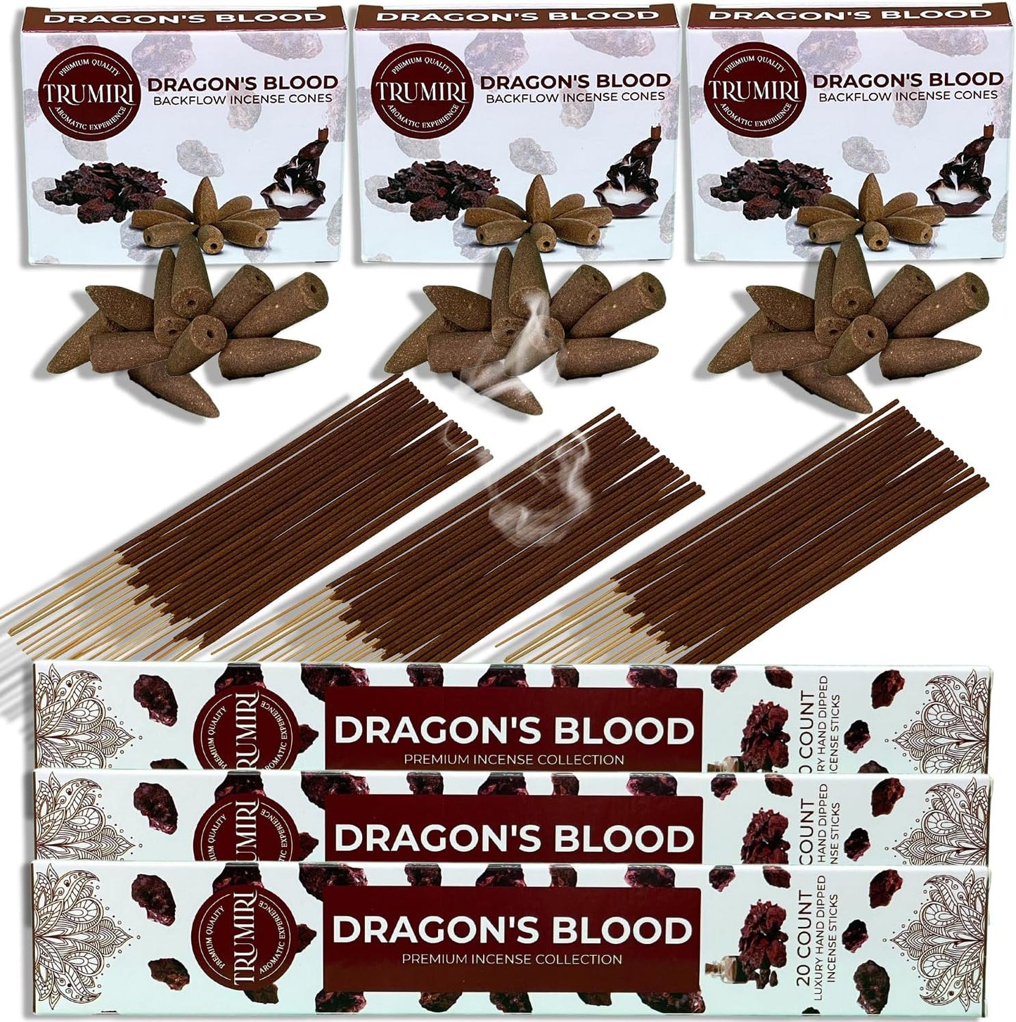 Trumiri Incense Sticks and Backflow Cones Combo Pack - Total 60 Sticks and 30 Backflow Cones