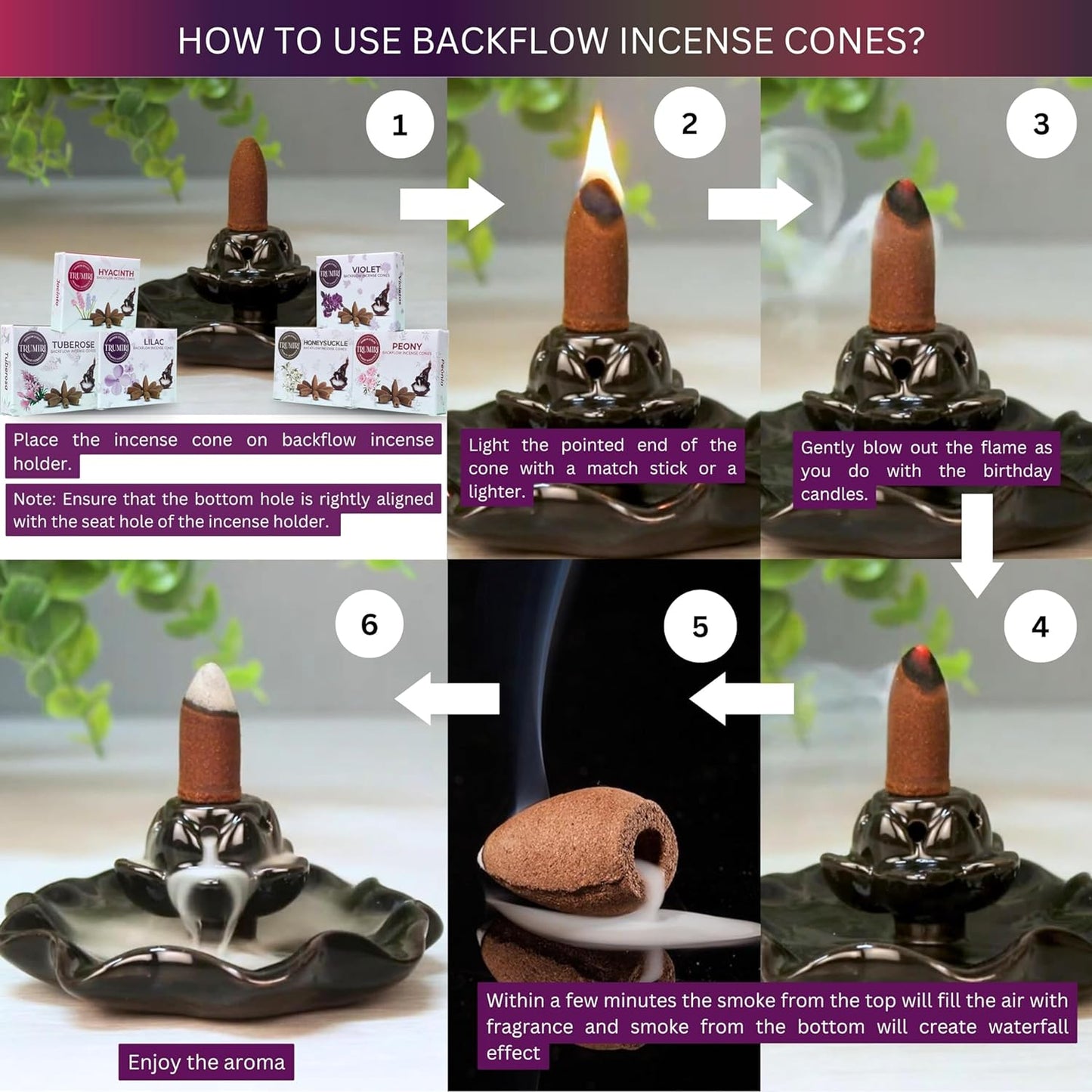 Trumiri Blossom Scents Backflow Incense Cones Variety Pack of 6 Scents with 10 Backflow Cones per Scent - Total 60 Cones