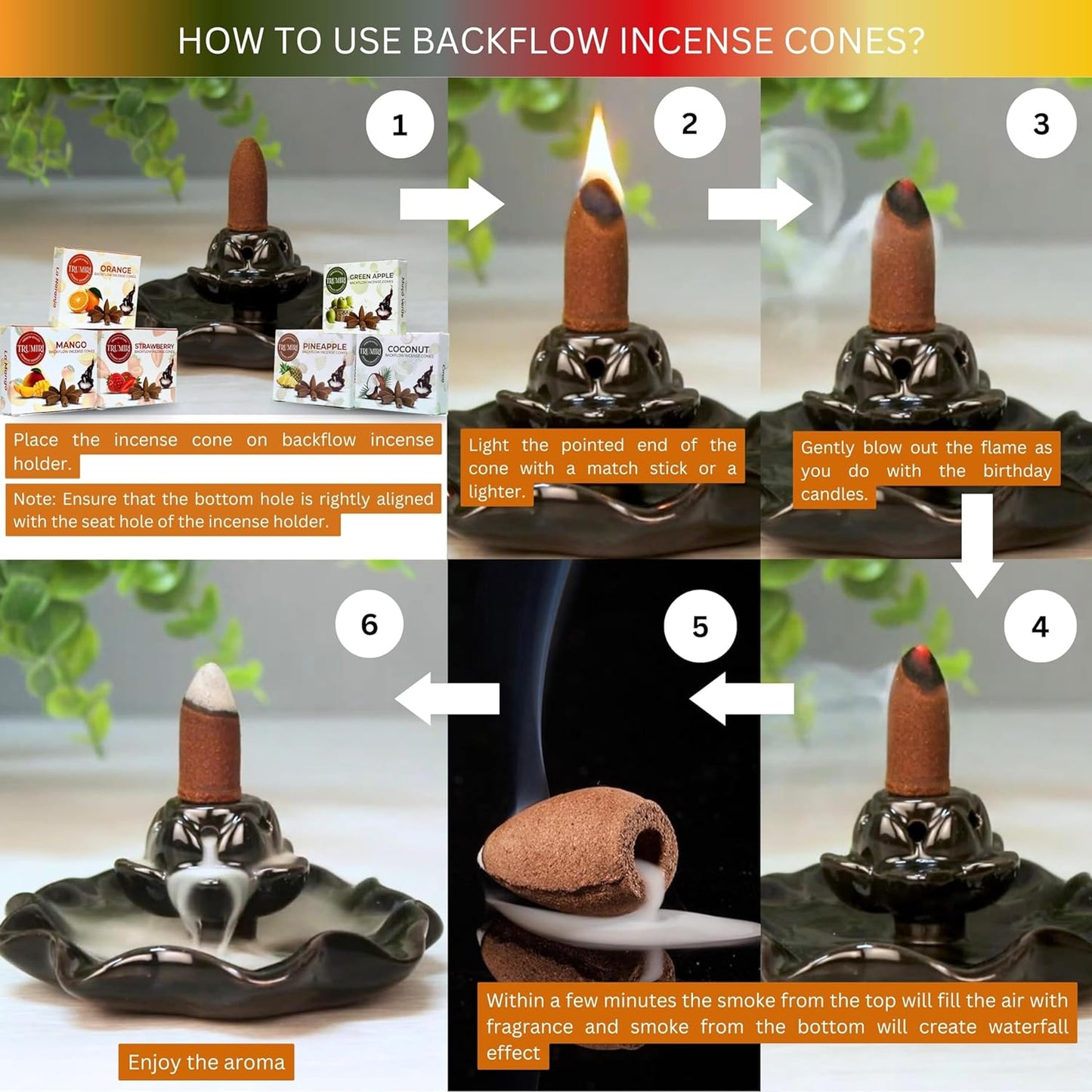 Fruity Scents Backflow Incense Cones Variety Pack of 6 Scents with 10 Waterfall Cones per Scent - Total 60 Cones