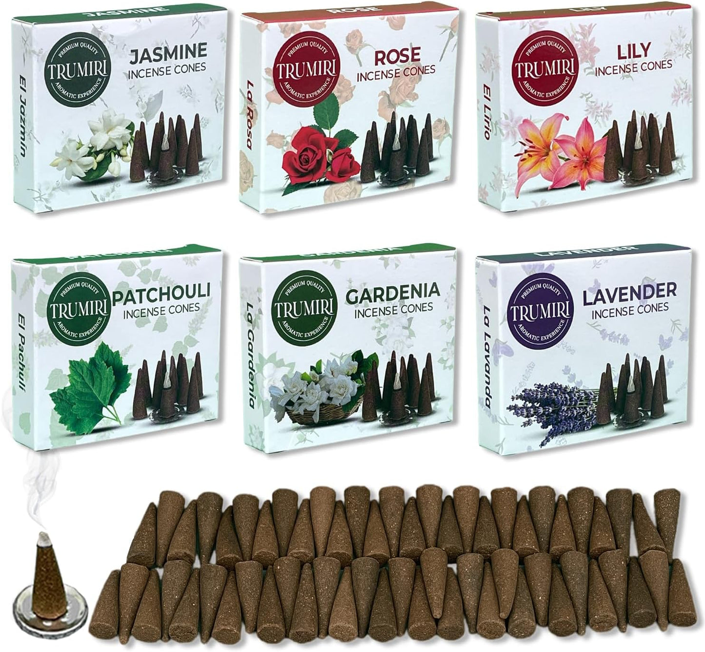 Trumiri Floral Scents Incense Cones Variety Pack of 6 Scents with 10 Cones per Scent - Total 60 Cones