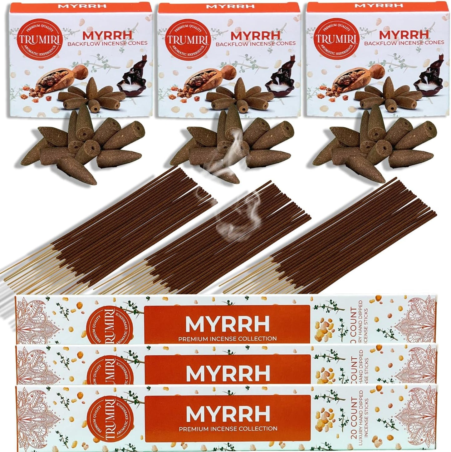 Trumiri Incense Sticks and Backflow Cones Combo Pack - Total 60 Sticks and 30 Backflow Cones
