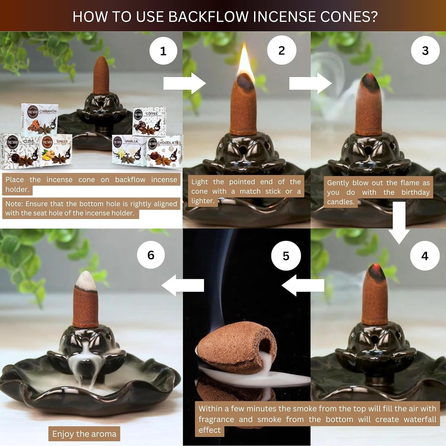 Trumiri Gourmet Scents Backflow Incense Cones Variety Pack of 6 Scents with 10 Backflow Cones per Scent - Total 60 Cones